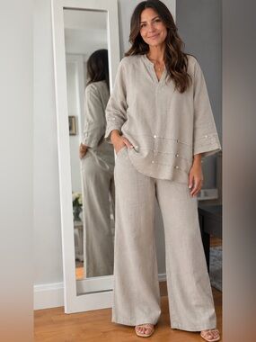 Classic Beige Button-Detail Linen Blend set